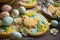 Delicious and Colorful Easter Cookies with Chicks, Easter Eggs and Flower Designs Artfully Displayed on a Table for a Festive