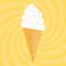 Delicious colorful ice cream in waffle cone on yellow swirl confetti background. Vector illustration