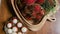 Delicious, colorful tropical fruits on a brown wooden desk.