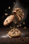 Delicious cookies with chocolate falling down on a dark background. Flavor explosion. Generative AI