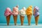 Delicious creamy icecream, ice cream scoops in waffle cones on blue background, AI Generated