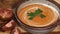 Delicious creamy tomato soup with whipping cream and fresh green parsley