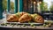 Delicious crispy fresh French pistachio croissants in the French cafe outside view