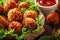 Delicious Crispy Homemade Chicken Meatballs Served with Fresh Lettuce and Ketchup on a Rustic Wooden Table