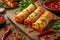 Delicious Crispy Spring Rolls on Wooden Board with Fresh Herbs and Dipping Sauce Asian Cuisine Concept