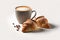 Delicious croissants with cup of latte over white background. Cafe menu concept.