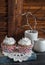 Delicious cupcakes on a wooden table. Tea time.