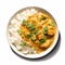 Delicious Curry Chicken With White Rice On A White Plate