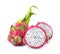 Delicious cut and whole dragon fruits pitahaya on background