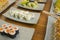 Delicious and delicate assorted Japanese sushi rolls on beautiful set up on table in traditional healthy Asian food and creative