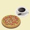 Delicious Deluxe Pizza on Dish with Hot Coffee