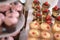 Delicious dessert assortment with cupcakes, cakes with red currant and, custard egg tarts with selective focus