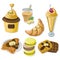 Delicious dessert chocolate pancakes, waffles and croissant set collection vector illustration