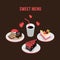 Delicious dessert poster Donut Cake Coffee background Food isometric style