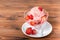 Delicious dessert strawberry pink vanilla ice cream scoops with