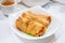 Delicious dim sum, famous cantonese food in asia - Fried bean curd tofu skin rolls with shrimp and prawn in hong kong yumcha