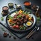 A delicious dish Beef Rendang on black plate at black slate table top realistic 3D