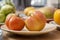 Delicious dishes with super tasty antique pink tomatoes on wooden