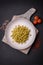 Delicious ditali pasta from durum wheat with salt and spices