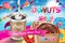 Delicious donut ads with latte coffee. Advertising for bakery shop or cafe. Chocolate donuts on blue background. Vector