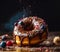 Delicious donut frosted with chocolate and sprinkled with berries, fruity pebbles and cookie crumbles. Created with generative AI