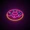 Delicious donut neon banner. Dessert food.