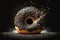 A delicious donut with sprinkles and a hole in the middle of it that is exploding and has been photographed on a dark background