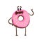 Delicious donut standing and waving hand. Cartoon character of vanilla glazed doughnut with happy face expression. Flat