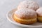 delicious donuts berliners with filling sprinkled with powdered sugar on a white plate