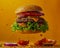 Delicious Double Cheeseburger with Lettuce, Tomato, Onion, and Sesame Bun on Vibrant Yellow Background with Tomato Slices