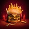 Delicious double-decker hamburger with fries on a red background