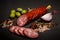 delicious dry cured smoked salami sausage with onion and olives