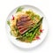 Delicious Duck With Asparagus And Noodles On White Plate