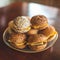 Delicious easter brunch with homemade sandwiches, buns and filled eggs on a wooden kitchen table