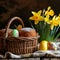 Delicious Easter cake in a basket, colorful eggs and yellow daffodils flowers