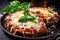 Delicious Eggplant Parmesan garnished with fresh basil and grated parmesan cheese