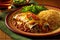 Delicious enchilada on plate with rice beans and peppers