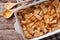 Delicious English bread pudding with raisins close up. Horizontal top view