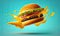 Delicious fast food burger flying on a blue background, generative AI