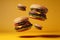 Delicious fast food burger flying on a yellow background. Generative ai