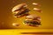 Delicious fast food burger flying on a yellow background. Generative ai