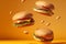 Delicious fast food burger flying on a yellow background. Generative ai