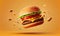 Delicious fast food burger flying on a yellow background, generative AI