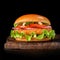 Delicious fast food fresh tasty burger. crispy, breaded chicken burger with and vegetable on wooden cutting board