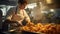 Delicious fast-food fried chicken preparing in a industrial kitchen