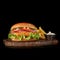 Delicious fastfood fresh tasty burger. crispy, breaded chicken burger with and vegetable on wooden cutting board