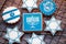 Delicious festive Hanukkah cookies for celebrating on a wooden background. Closeup.