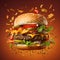 Delicious flying burger on brown background. Food levitation. Juicy cheeseburger or hamburger flying in the air. Fastfood