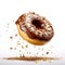 Delicious flying donut frosted with chocolate and sprinkled with cookie crumbles. Created with generative AI