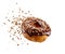 Delicious flying donut frosted with chocolate and sprinkled with cookie crumbles. Created with generative AI